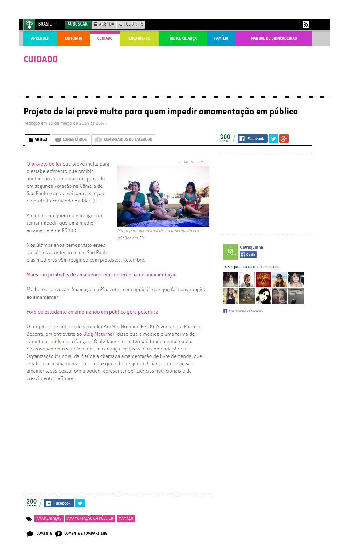 Site Catraca Livre: Projeto de Lei prevê multa para quem impedir amamentação em público